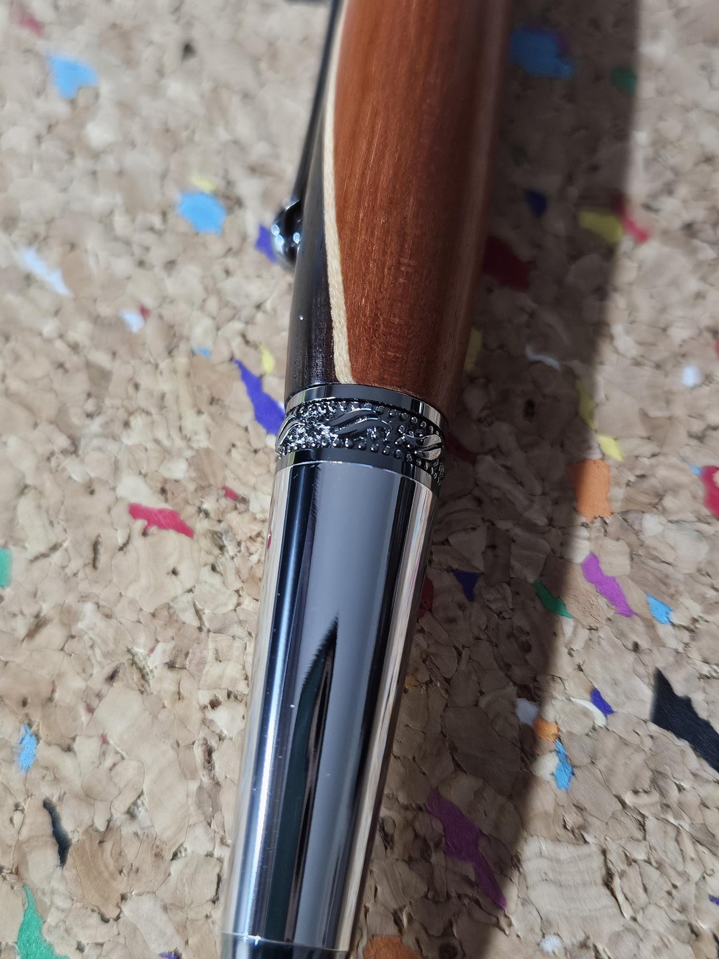Walnut and Padauk Wooden Pen with a Stripe of Maple and an Elegant Sierra Chrome and Gunmetal Pen Kit with a Zirconium Gem on the Clip