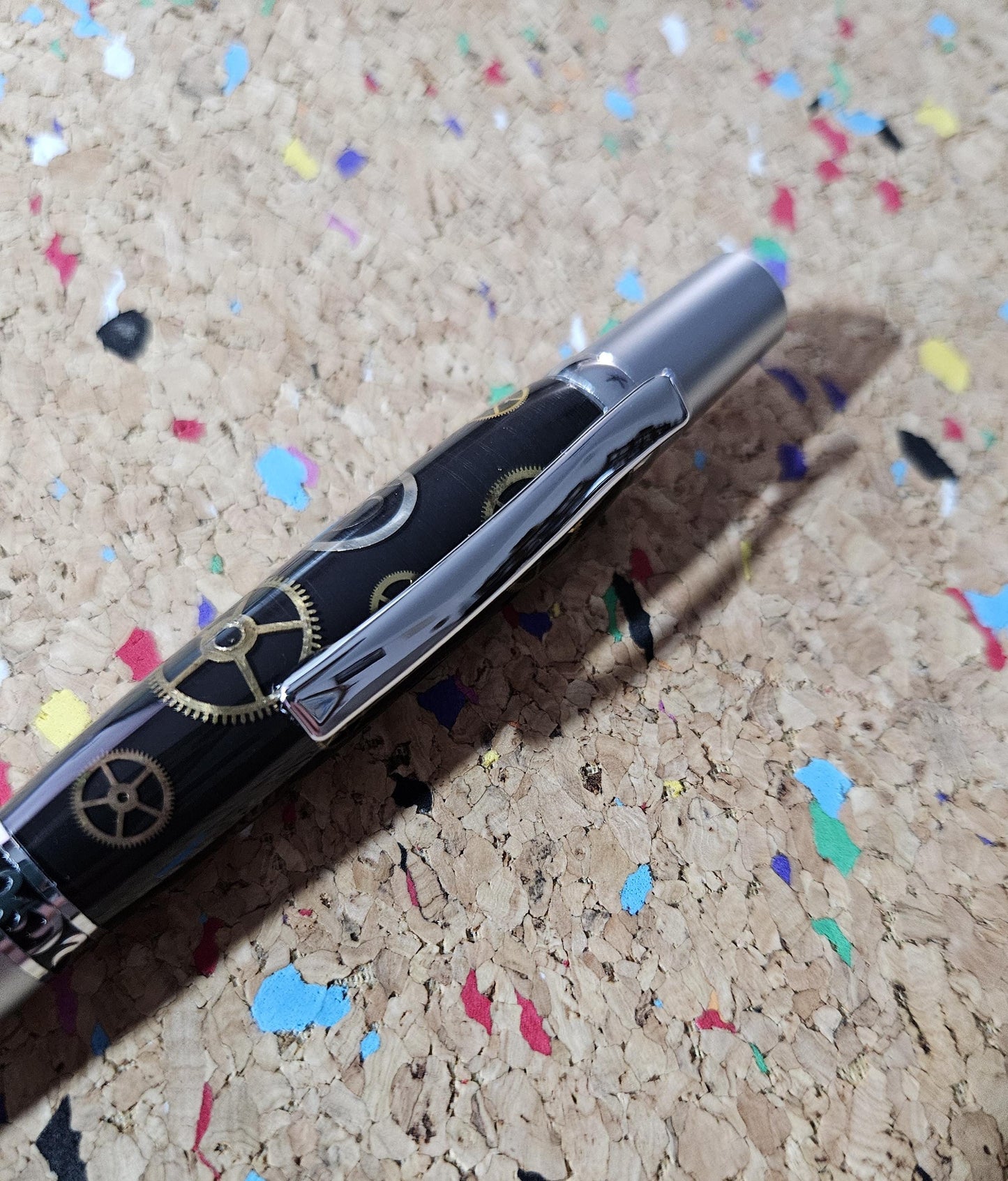Authentic Clock Gears Pen | Black Background with Chrome & Gunmetal Kit