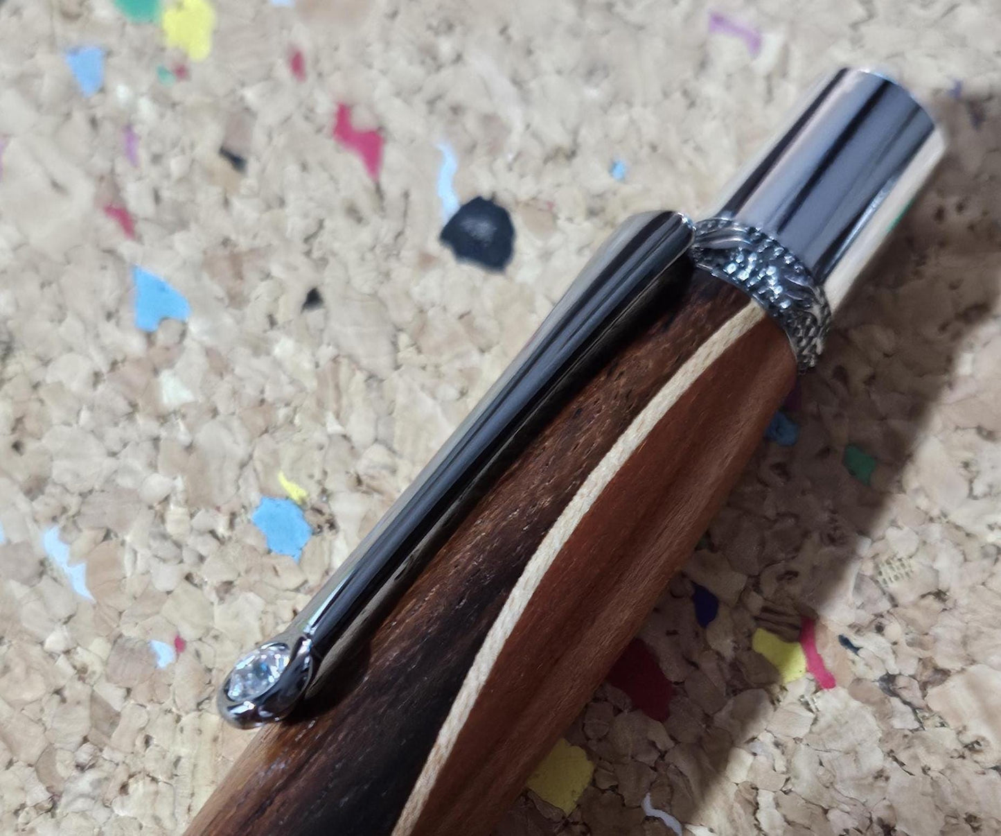Walnut and Padauk Wooden Pen with a Stripe of Maple and an Elegant Sierra Chrome and Gunmetal Pen Kit with a Zirconium Gem on the Clip