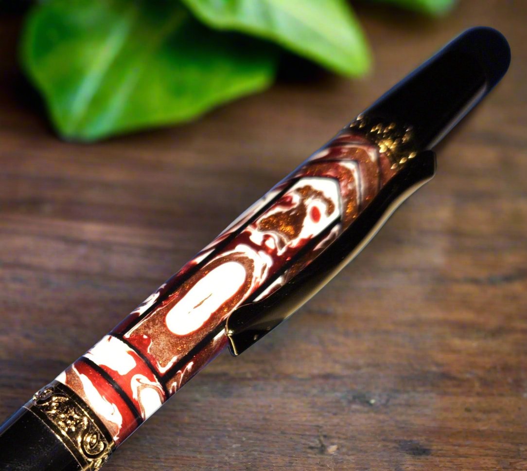 Red and White Swirl "Gisi Style" Pen with a Black Titanium Pen Kit and Gold Accents