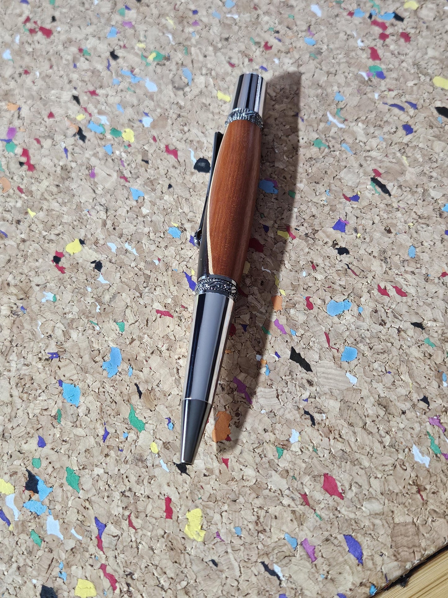 Walnut and Padauk Wooden Pen with a Stripe of Maple and an Elegant Sierra Chrome and Gunmetal Pen Kit with a Zirconium Gem on the Clip
