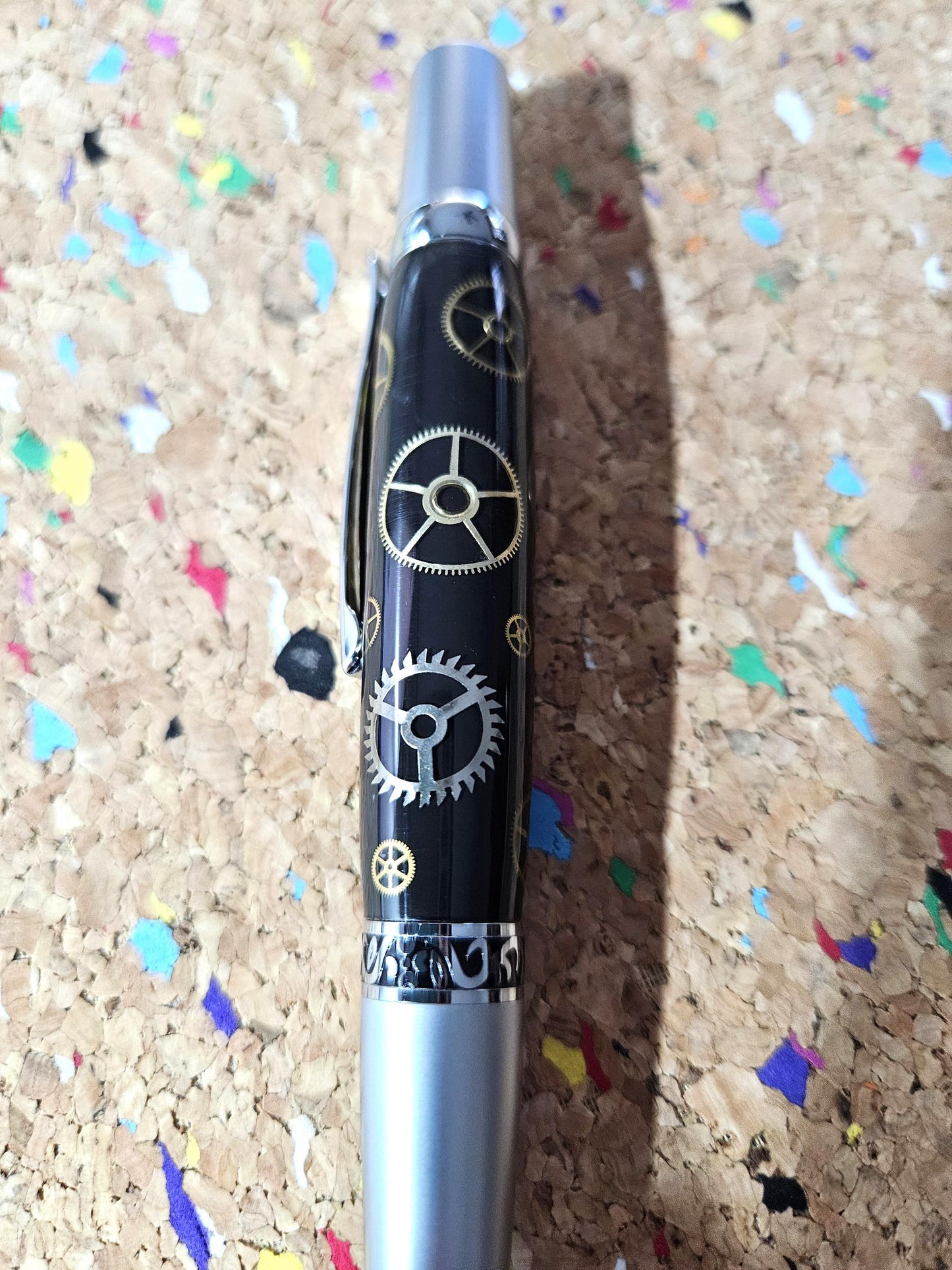 Authentic Clock Gears Pen | Black Background with Chrome & Gunmetal Kit