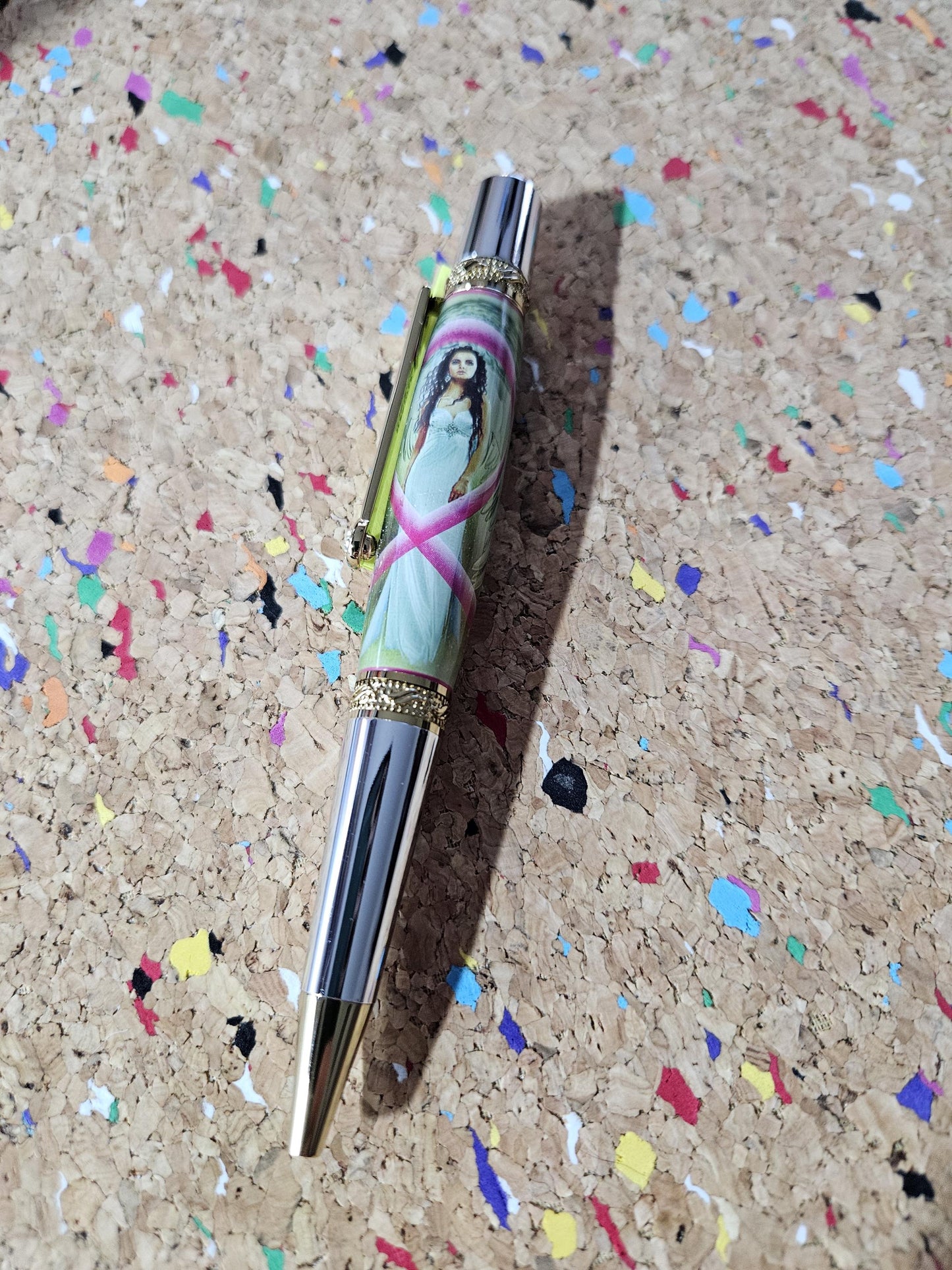 Breast Cancer Awareness Angel Label Cast Pen with Chrome and Gold Accents and a Zirconium Gem in the Clip