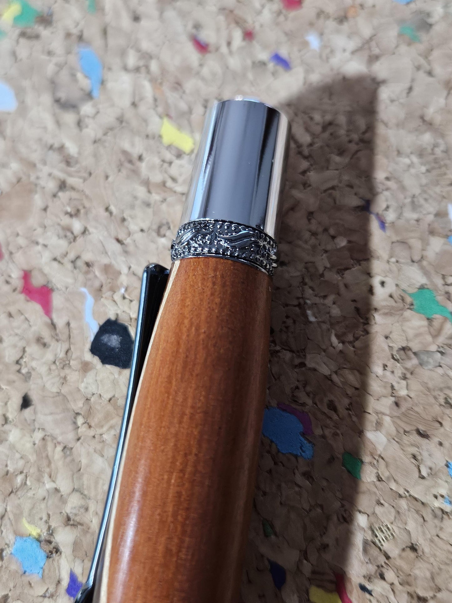 Walnut and Padauk Wooden Pen with a Stripe of Maple and an Elegant Sierra Chrome and Gunmetal Pen Kit with a Zirconium Gem on the Clip