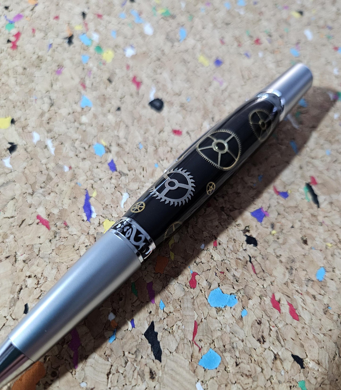 Authentic Clock Gears Pen | Black Background with Chrome & Gunmetal Kit