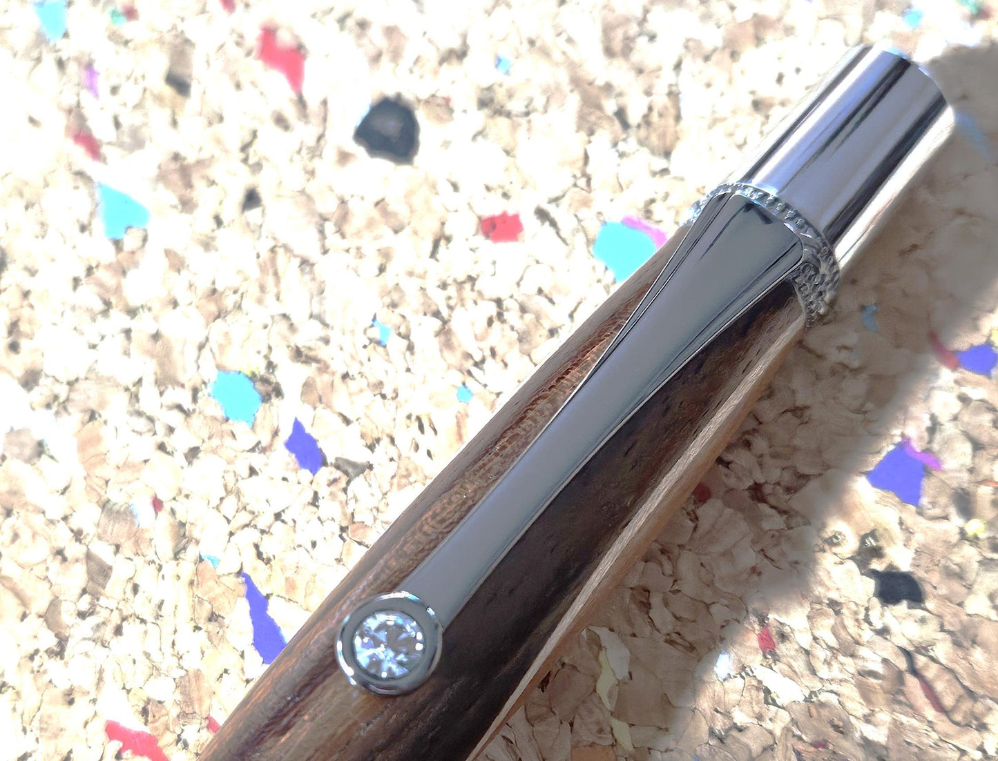 Walnut and Padauk Wooden Pen with a Stripe of Maple and an Elegant Sierra Chrome and Gunmetal Pen Kit with a Zirconium Gem on the Clip