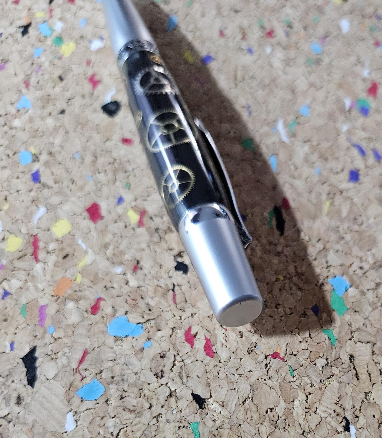 Authentic Clock Gears Pen | Black Background with Chrome & Gunmetal Kit