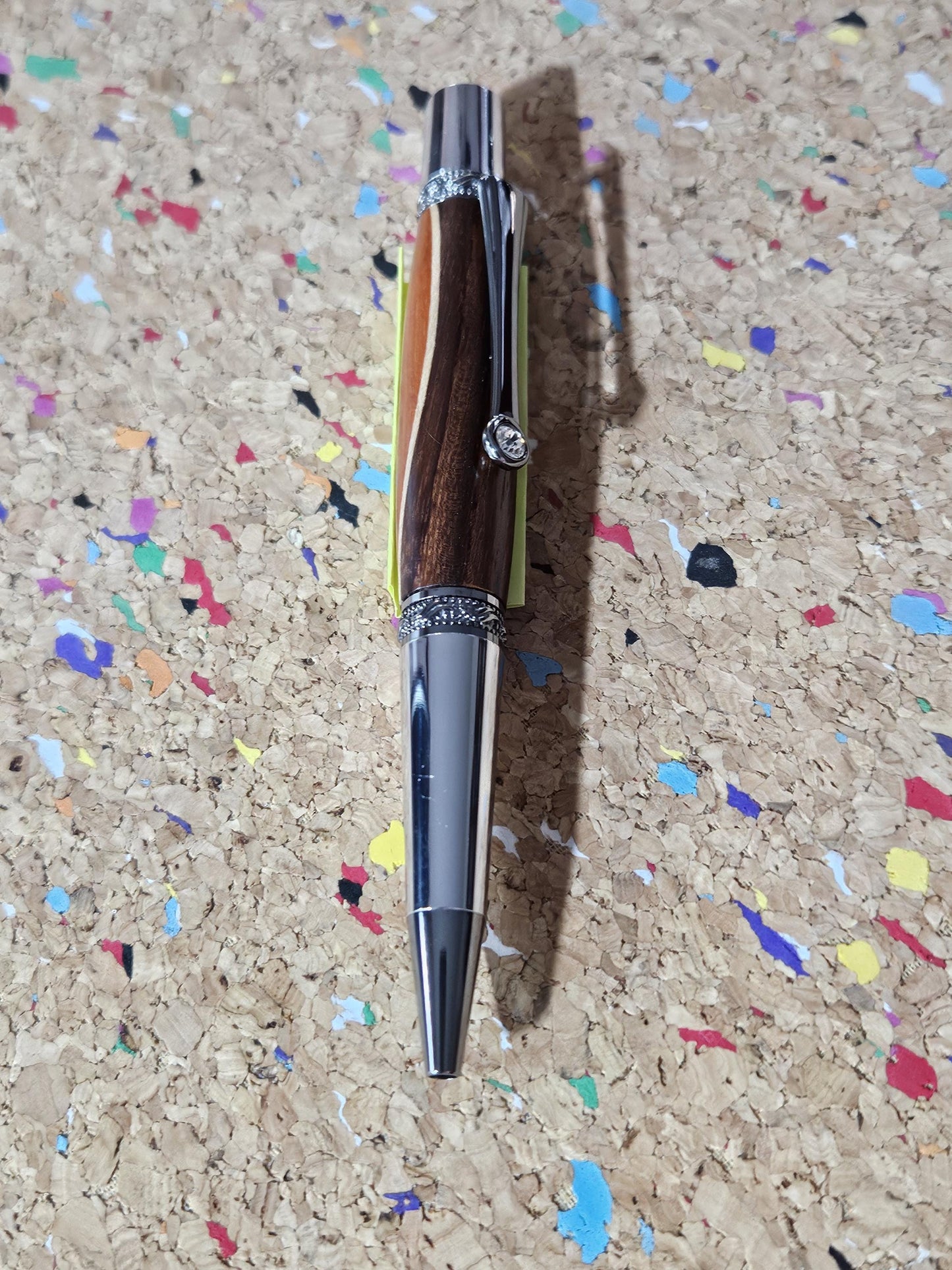 Walnut and Padauk Wooden Pen with a Stripe of Maple and an Elegant Sierra Chrome and Gunmetal Pen Kit with a Zirconium Gem on the Clip