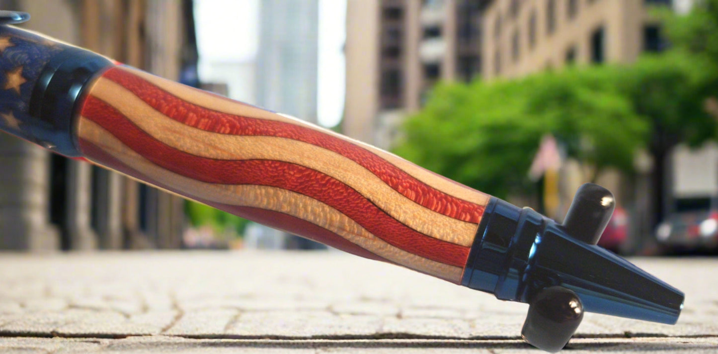 Patriotic Wooden American Flag Inlay Pen Featuring Holly and Bass Woods and a Royal Blue Titanium Pen Kit