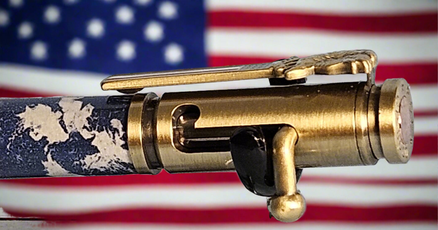 Patriotic Abstract American Flag Pen with Antique Brass Finish & Eagle Clip, Saluting Soldier Accents, and God Bless America Etched Design