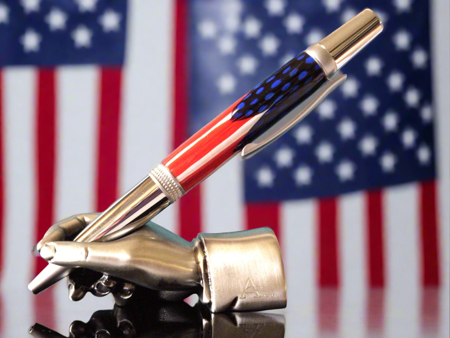 Patriotic Blue Feather Pen - American Flag - Hand-Laid Blue Feathers with a Chrome Finish