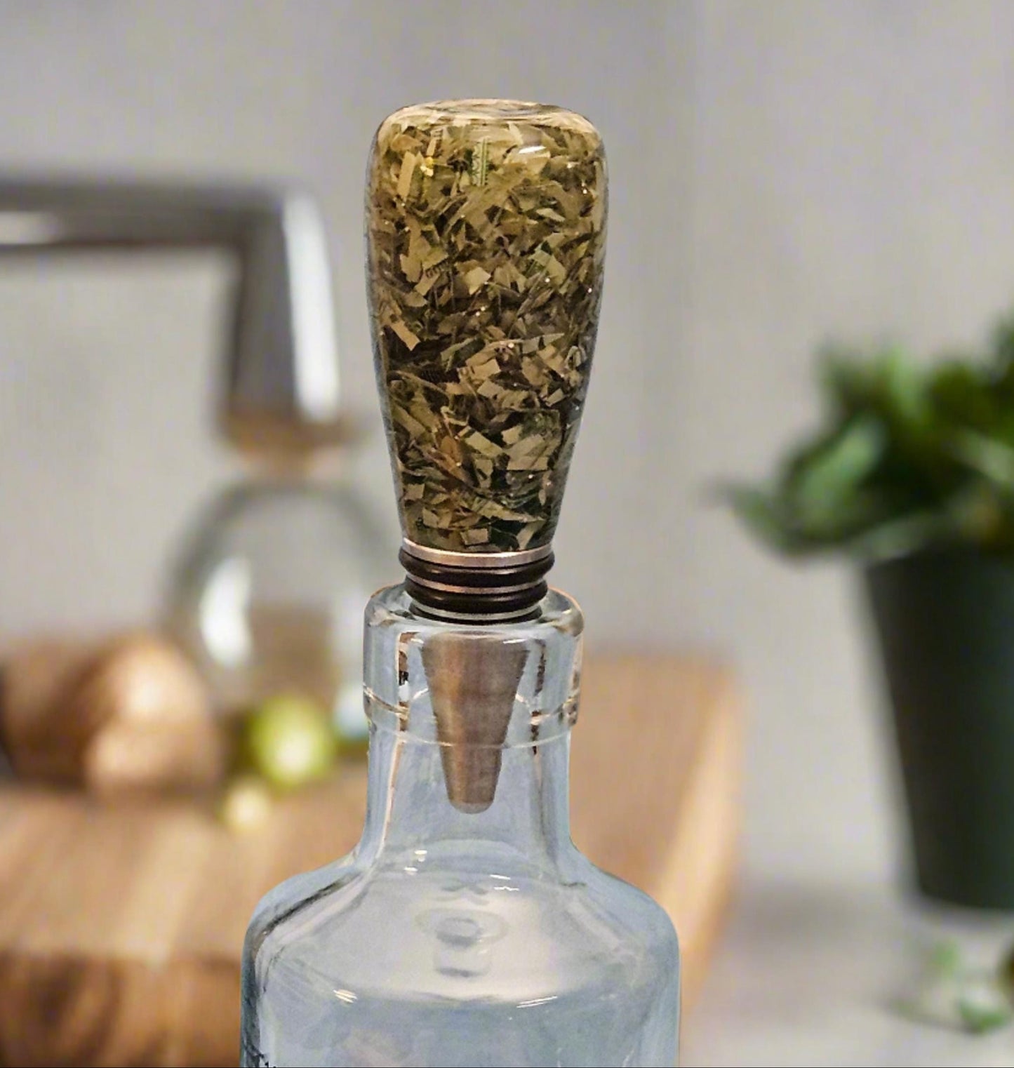 Bottle Stopper with Shredded Money Cast in Clear Resin with a Stainless Steel Bottle Stopper
