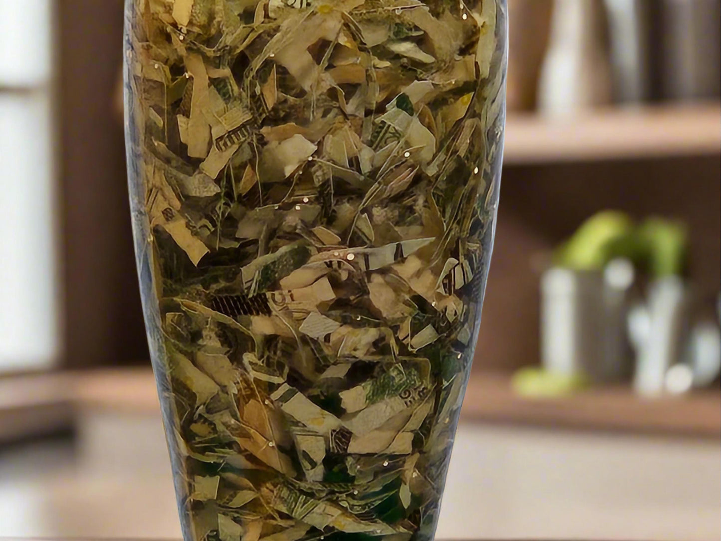 Bottle Stopper with Shredded Money Cast in Clear Resin with a Stainless Steel Bottle Stopper