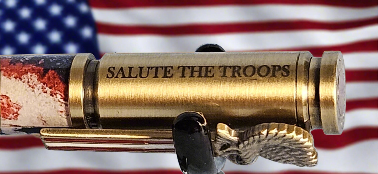 Patriotic Abstract American Flag Pen with Antique Brass Finish & Eagle Clip, Saluting Soldier Accents, and God Bless America Etched Design