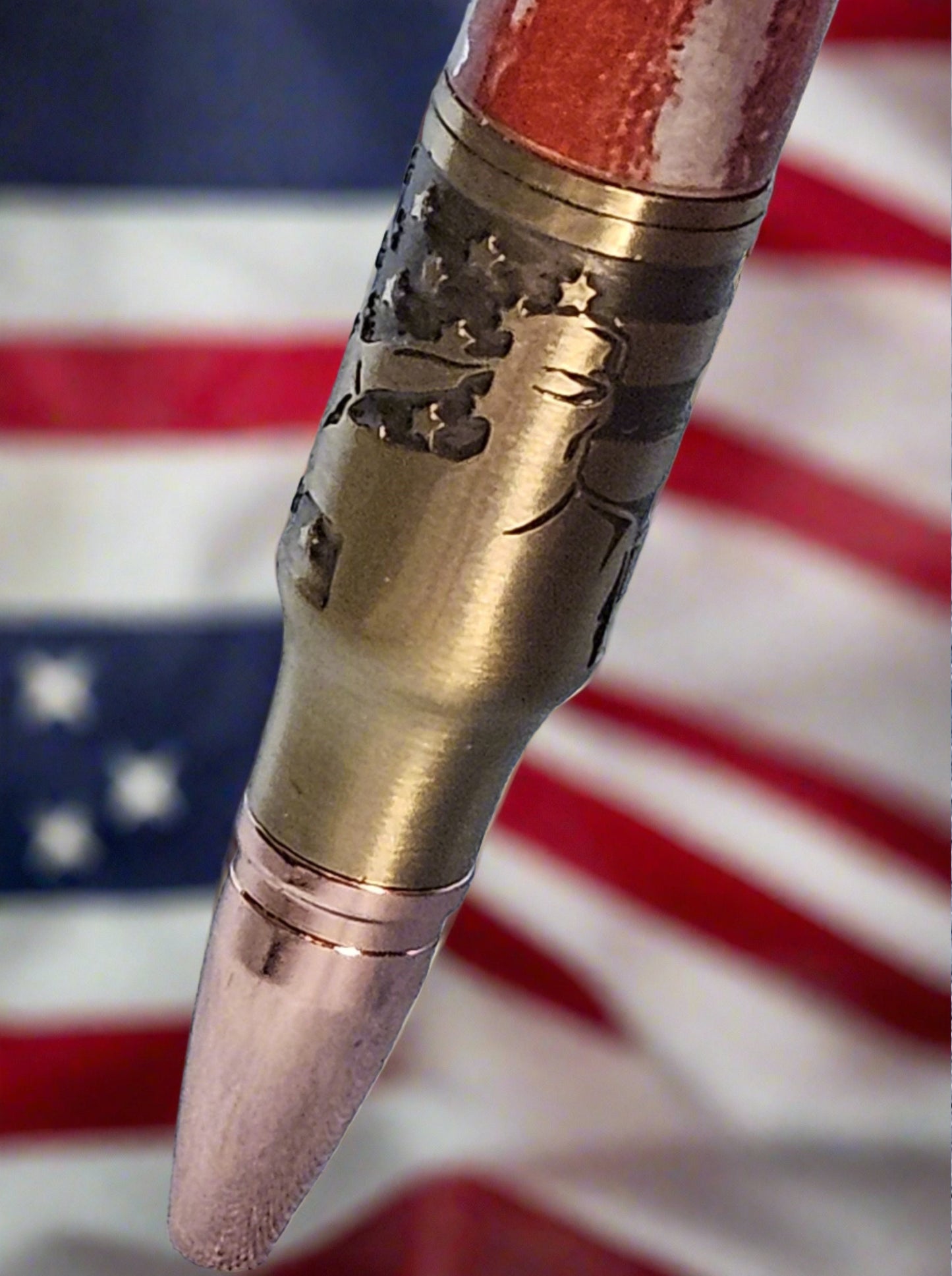 Patriotic Abstract American Flag Pen with Antique Brass Finish & Eagle Clip, Saluting Soldier Accents, and God Bless America Etched Design