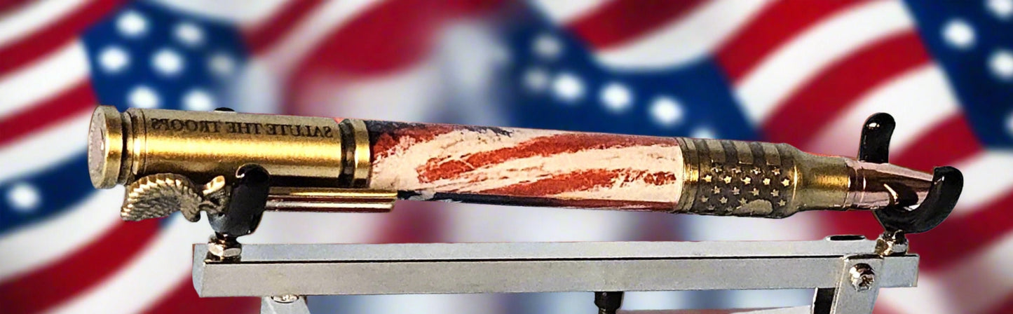 Patriotic Abstract American Flag Pen with Antique Brass Finish & Eagle Clip, Saluting Soldier Accents, and God Bless America Etched Design