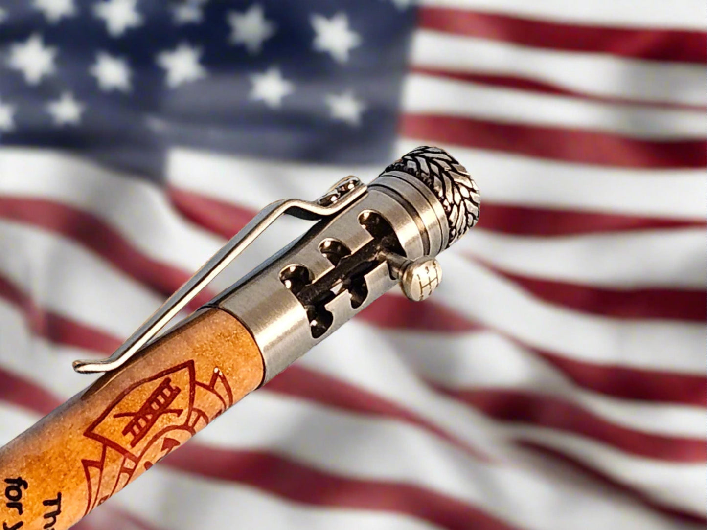 Laser Etched Wooden Firefighter Pen | Bolt Action Gear Shift Design | Antique Pewter Kit | Unique Gift for Firefighters