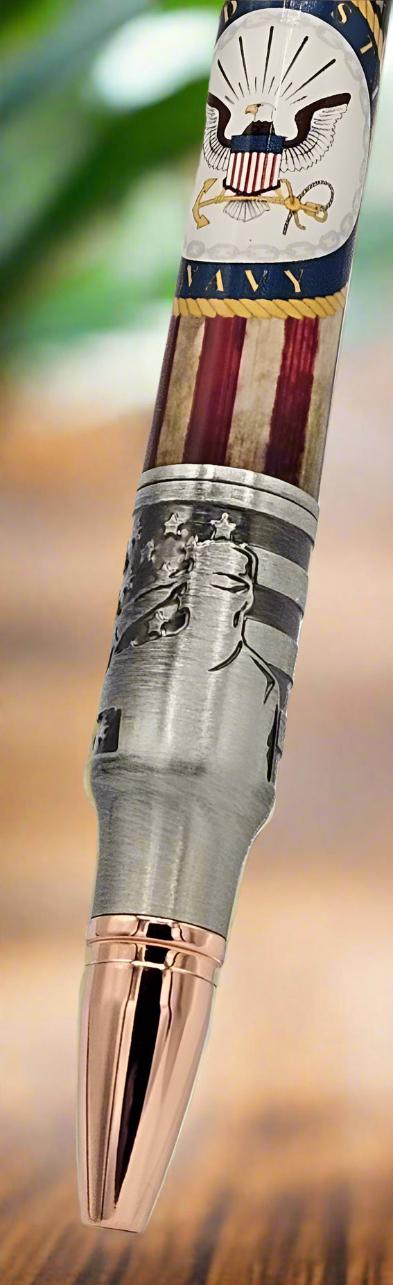 Navy Crest Label Cast Antiqued American Flag Pen - Antiqued Pewter Bolt Action Pen Kit Featuring the Bald Eagle and the Saluting Solider