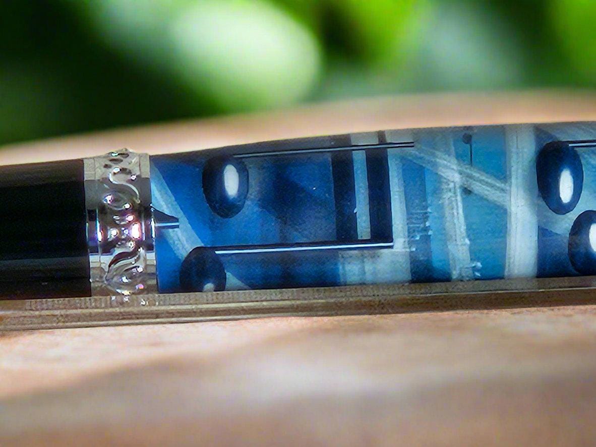 Blue and Black Music Notes Label Cast Pen with a Sleek Black and Chrome Pen Kit