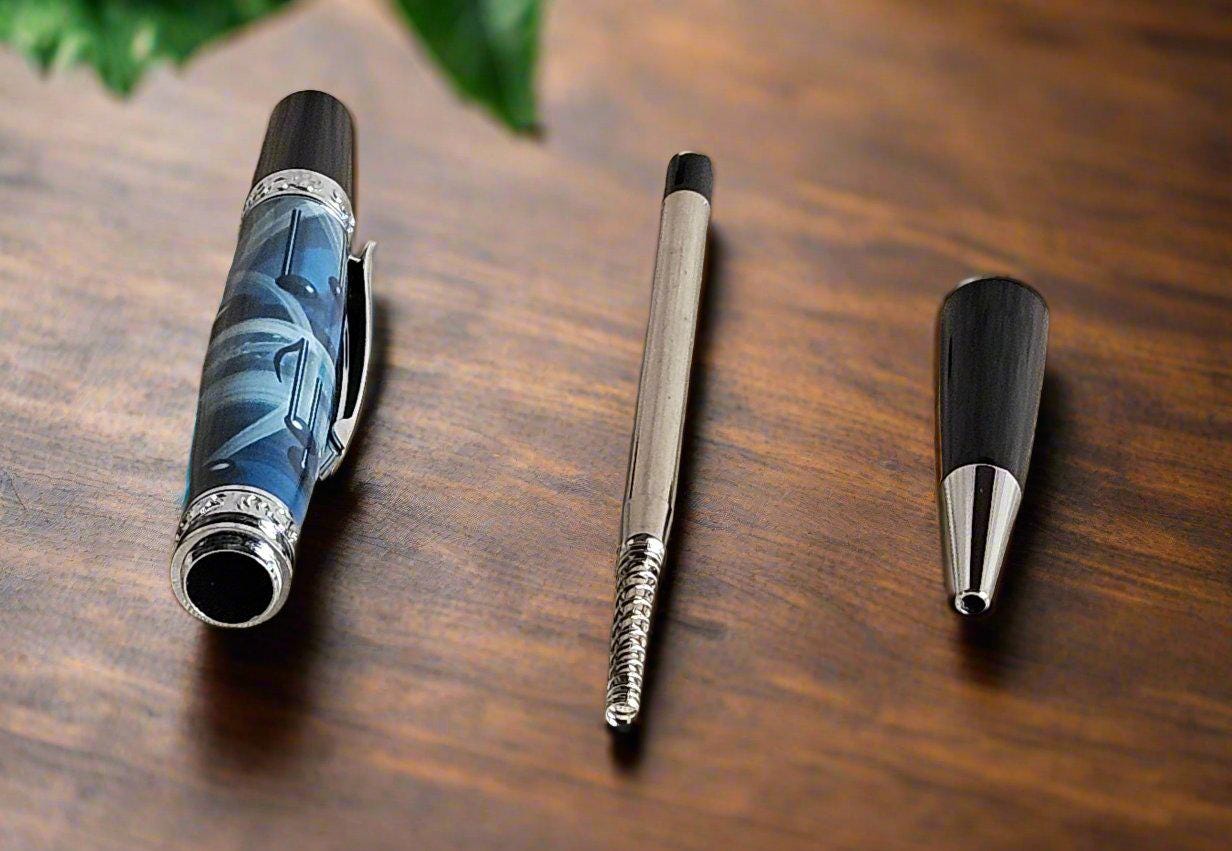 Blue and Black Music Notes Label Cast Pen with a Sleek Black and Chrome Pen Kit