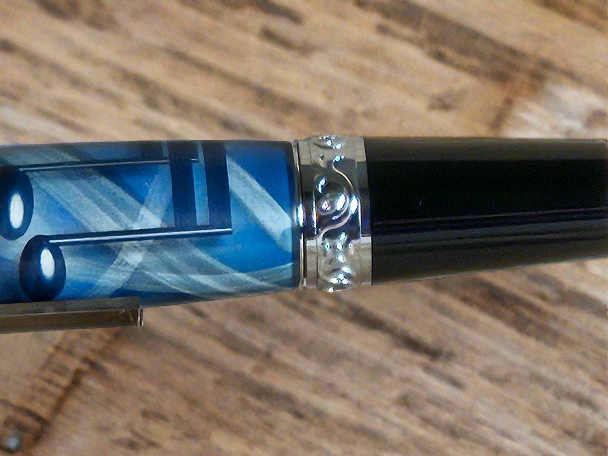 Blue and Black Music Notes Label Cast Pen with a Sleek Black and Chrome Pen Kit