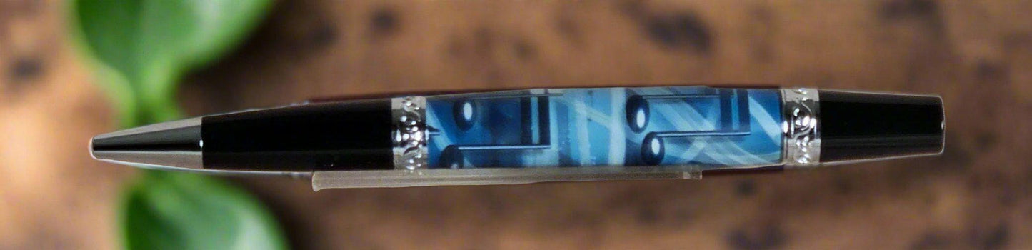 Blue and Black Music Notes Label Cast Pen with a Sleek Black and Chrome Pen Kit