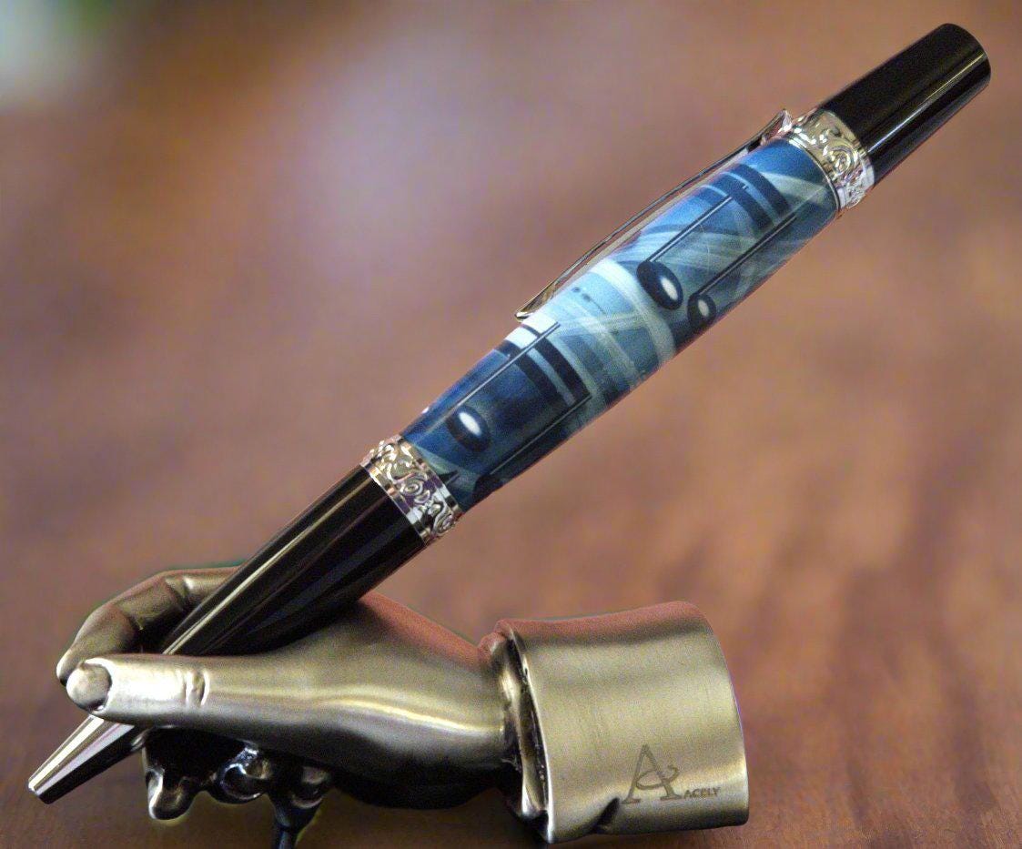 Blue and Black Music Notes Label Cast Pen with a Sleek Black and Chrome Pen Kit