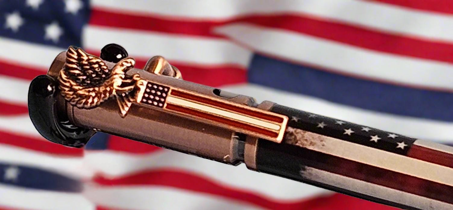 Patriotic Bolt Action Pen: American Flag Design with Copper Statue of Liberty & Bald Eagle, Antique Finish