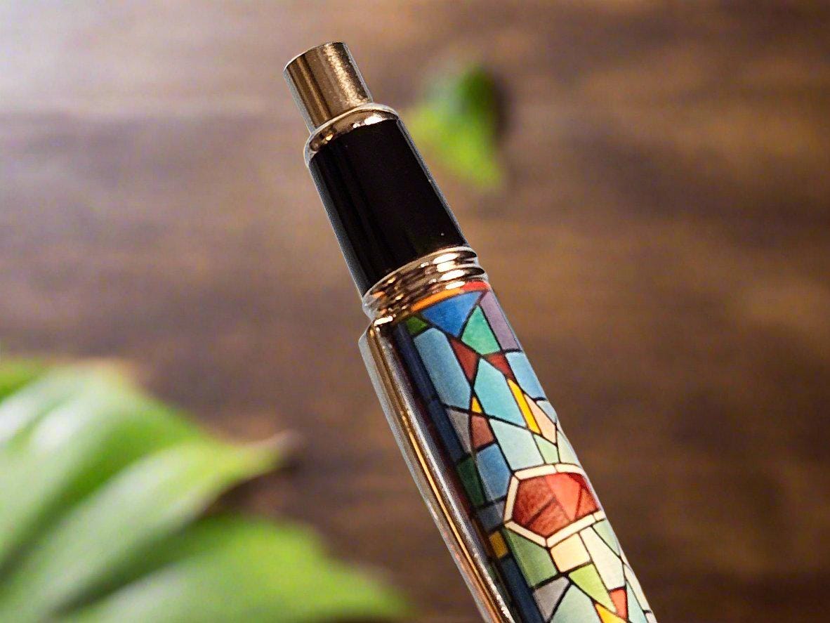 Stain Glass Cross Label Cast Pen with a Super Button Click Chrome and Black Chrome Pen Kit