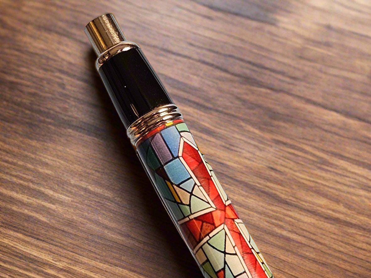 Stain Glass Cross Label Cast Pen with a Super Button Click Chrome and Black Chrome Pen Kit