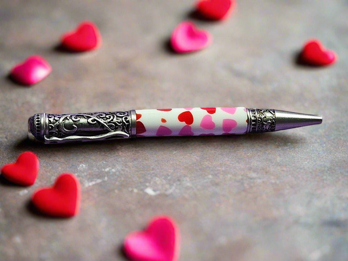 Giving You "All My Love" Pen with Red and Pink Hearts Adorned with an Antique Pewter Pen Kit