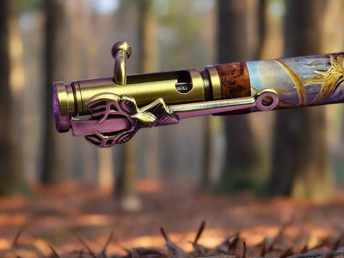 Deer Hunter Bolt Action Pen: Label Cast with Burl Wood Segments & Antique Brass Kit, Featuring a 5-point Buck - Unique Gift for Hunters