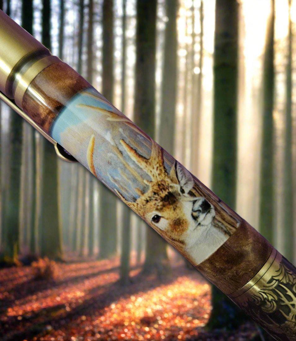 Deer Hunter Bolt Action Pen: Label Cast with Burl Wood Segments & Antique Brass Kit, Featuring a 5-point Buck - Unique Gift for Hunters