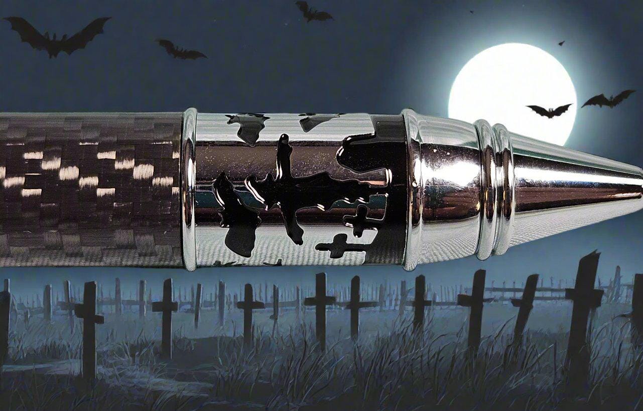 Haunted Halloween Carbon Fiber and Clear Resin Pen with a Chrome Halloween Pen Kit Featuring a Mummy, a Zombie, and a Jack-O-Lantern