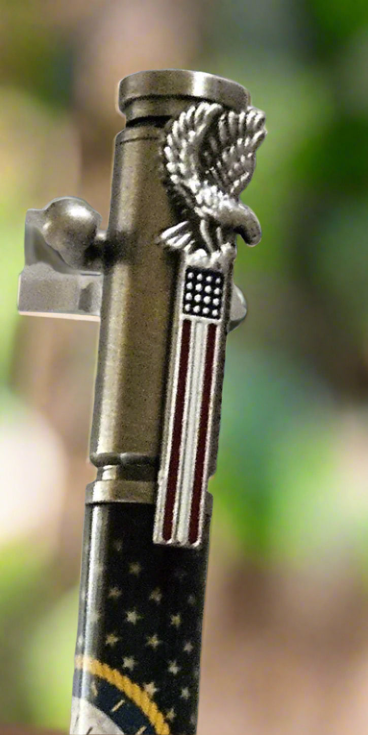Navy Crest Label Cast Antiqued American Flag Pen - Antiqued Pewter Bolt Action Pen Kit Featuring the Bald Eagle and the Saluting Solider