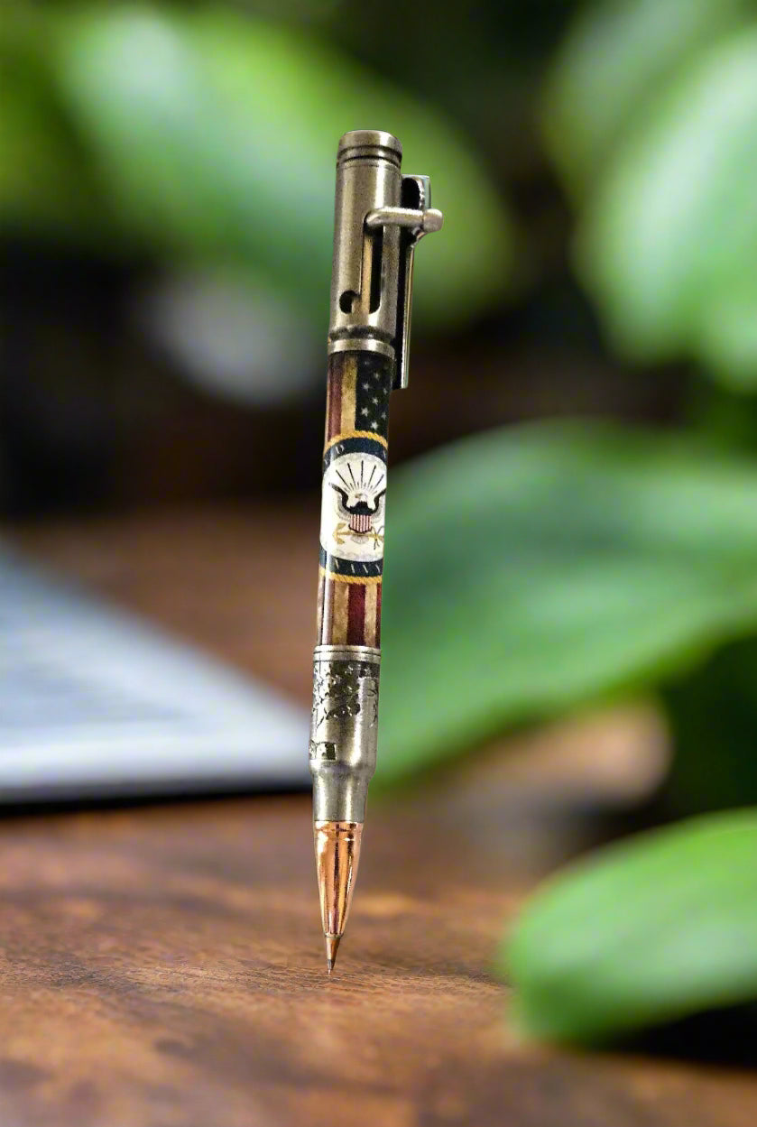 Navy Crest Label Cast Antiqued American Flag Pen - Antiqued Pewter Bolt Action Pen Kit Featuring the Bald Eagle and the Saluting Solider