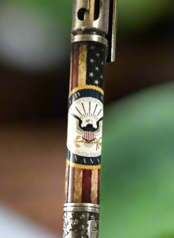 Navy Crest Label Cast Antiqued American Flag Pen - Antiqued Pewter Bolt Action Pen Kit Featuring the Bald Eagle and the Saluting Solider