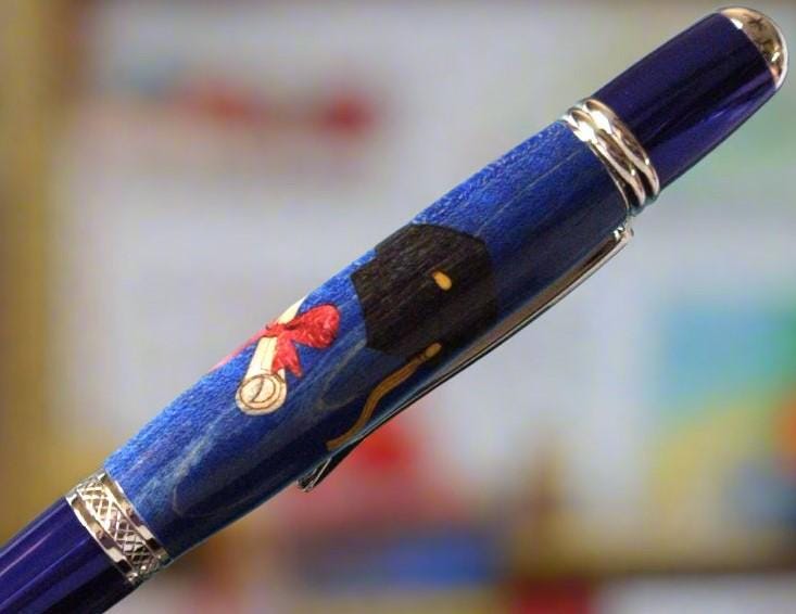 Wooden Inlay, Cap and Diploma, Graduation Pen with a Spectrum Blue Chrome Pen Kit