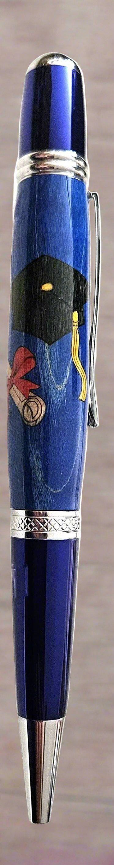 Wooden Inlay, Cap and Diploma, Graduation Pen with a Spectrum Blue Chrome Pen Kit
