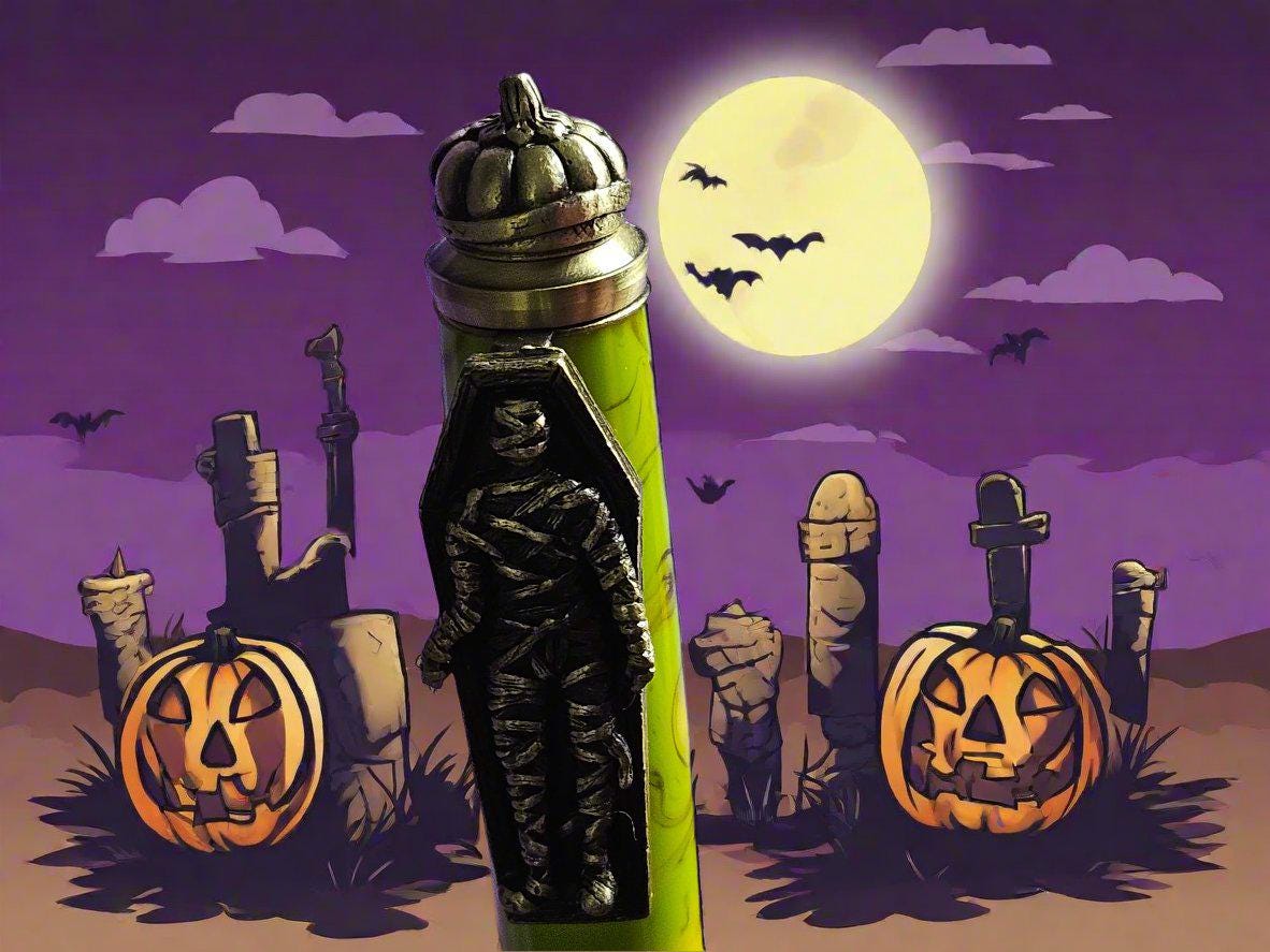 Haunted Halloween Yellow and Purple Resin Swirled Pen with a Gunmetal Halloween Pen Kit Featuring a Mummy, a Zombie, and a Jack-O-Lantern
