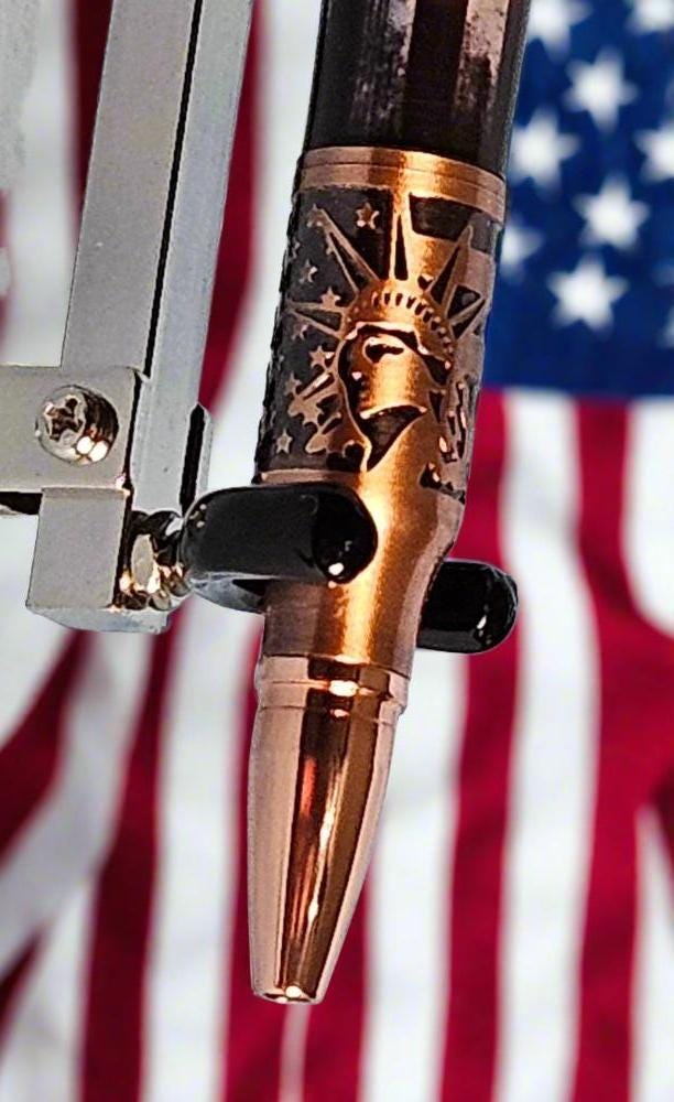 Patriotic Bolt Action Pen: American Flag Design with Copper Statue of Liberty & Bald Eagle, Antique Finish
