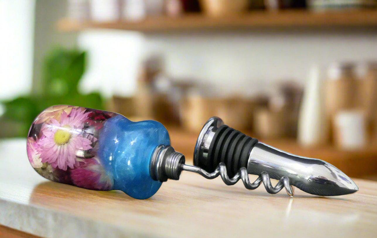 Botanical Bottle Stopper - Sky Blue Resin with Dried Daisy Flowers - Stainless Steel Corkscrew - Food-Safe Wine Seal