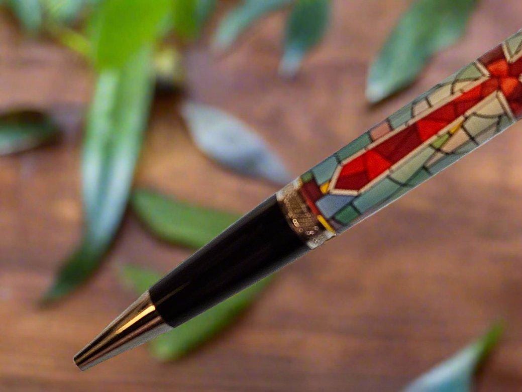Stain Glass Cross Label Cast Pen with a Super Button Click Chrome and Black Chrome Pen Kit