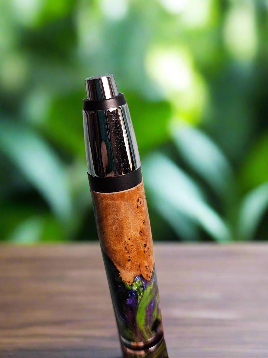 Penlight - LED Hybrid Featuring Maple Burl Wood and a Chrome Kit with Sleek Black Accents