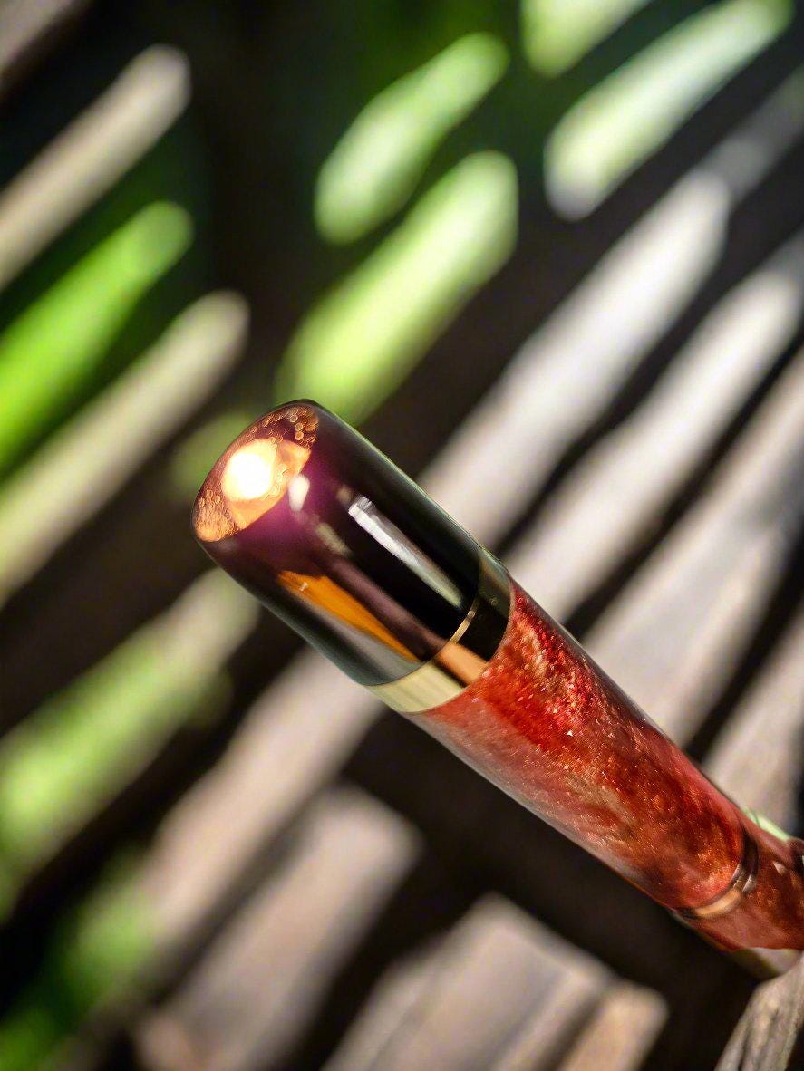 Penlight - LED Diamond Cast Red, Gold, and Brown Glittery Swirl Penlight with a Gunmetal Kit and Gold Accents