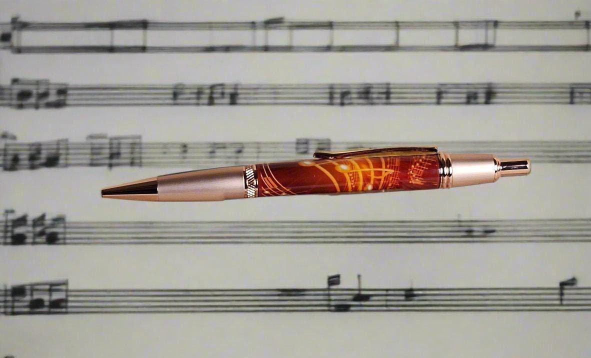 Red Gold Music Notes Pen Label Cast with a Copper Click Pen Kit
