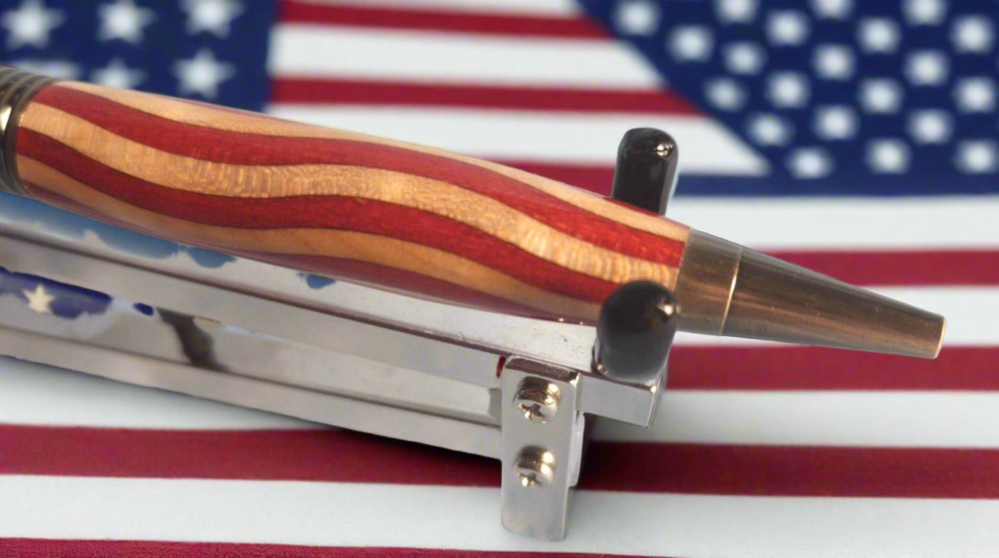 Patriotic Wooden American Flag Inlay Pen Featuring Holly and Bass Woods and a Royal Blue Titanium Pen Kit