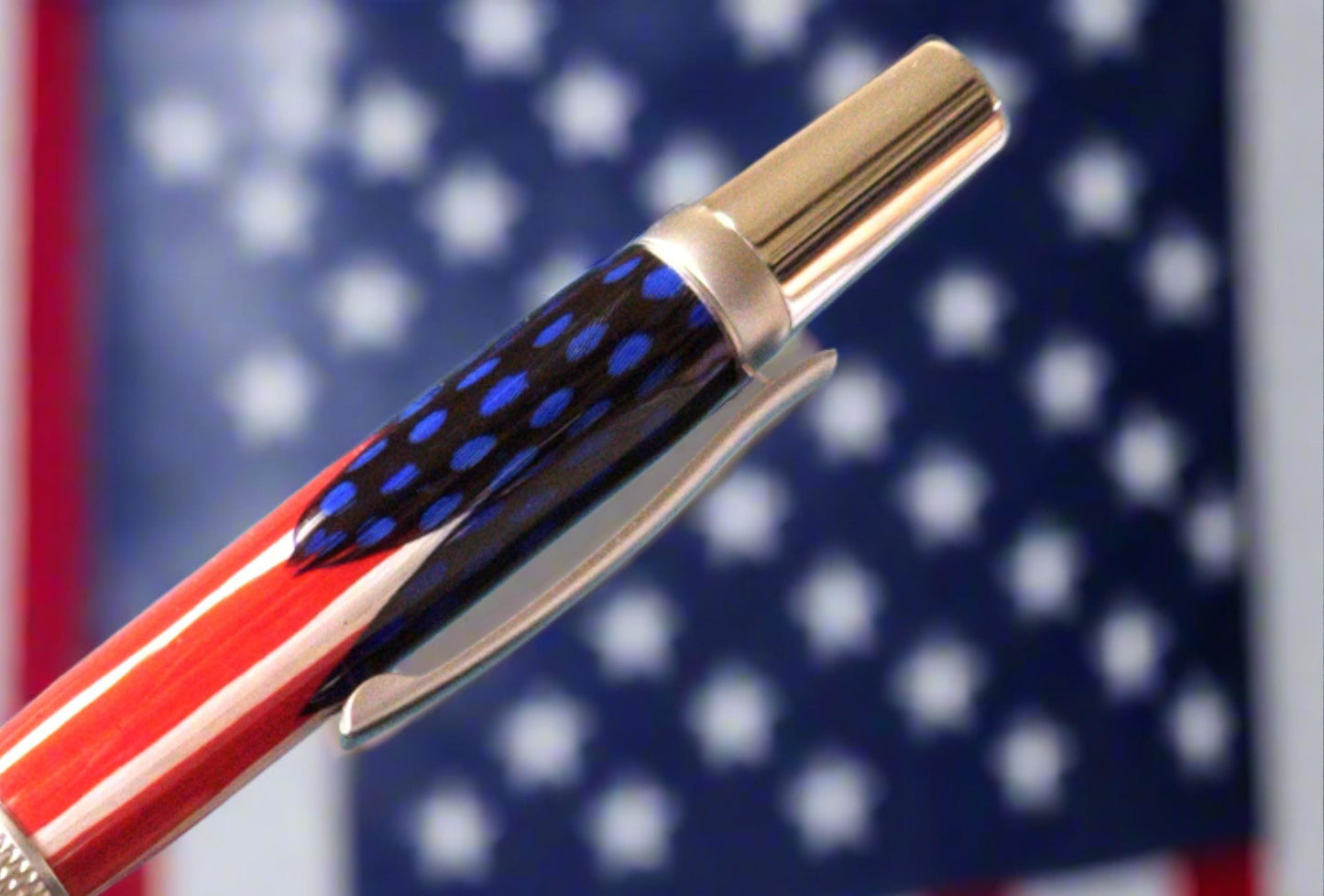 Patriotic Blue Feather Pen - American Flag - Hand-Laid Blue Feathers with a Chrome Finish