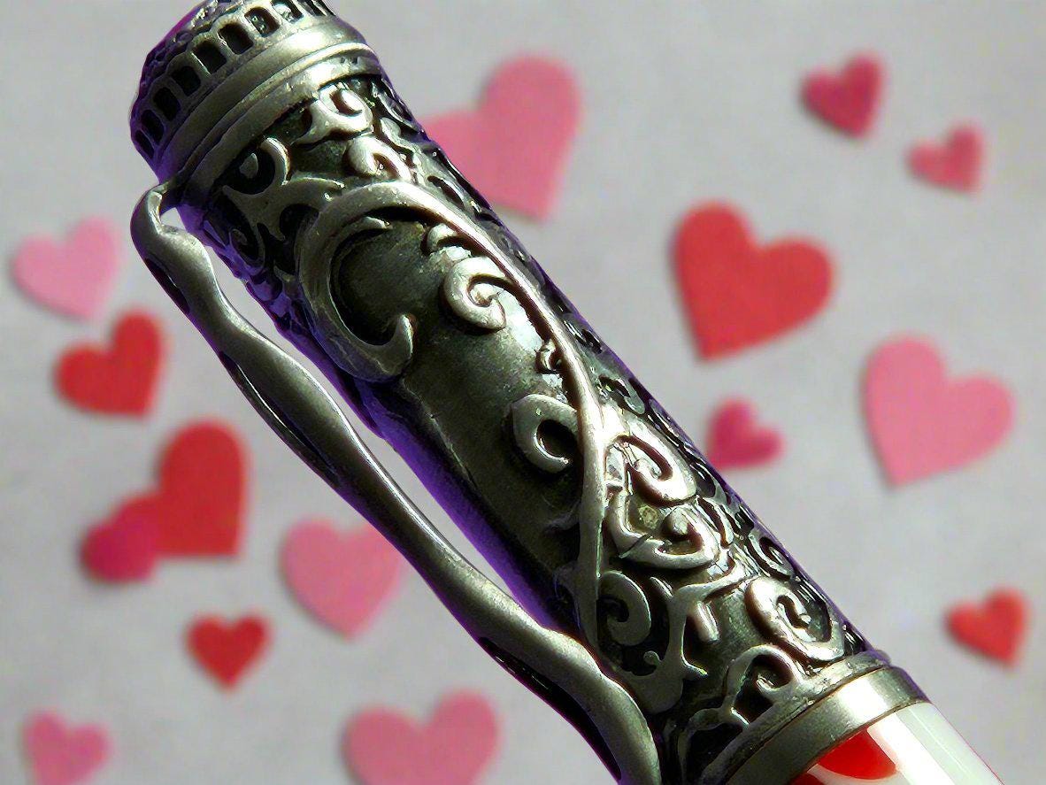 Giving You "All My Love" Pen with Red and Pink Hearts Adorned with an Antique Pewter Pen Kit