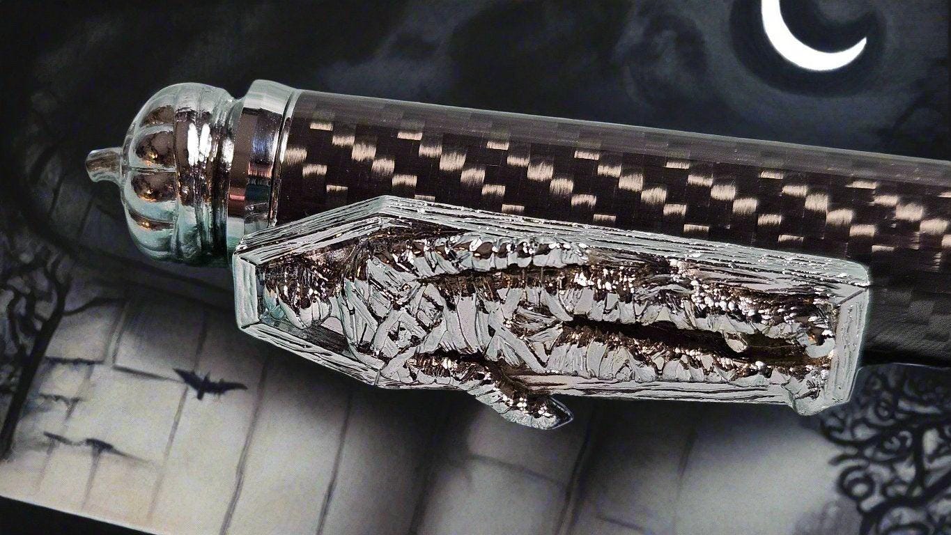 Haunted Halloween Carbon Fiber and Clear Resin Pen with a Chrome Halloween Pen Kit Featuring a Mummy, a Zombie, and a Jack-O-Lantern